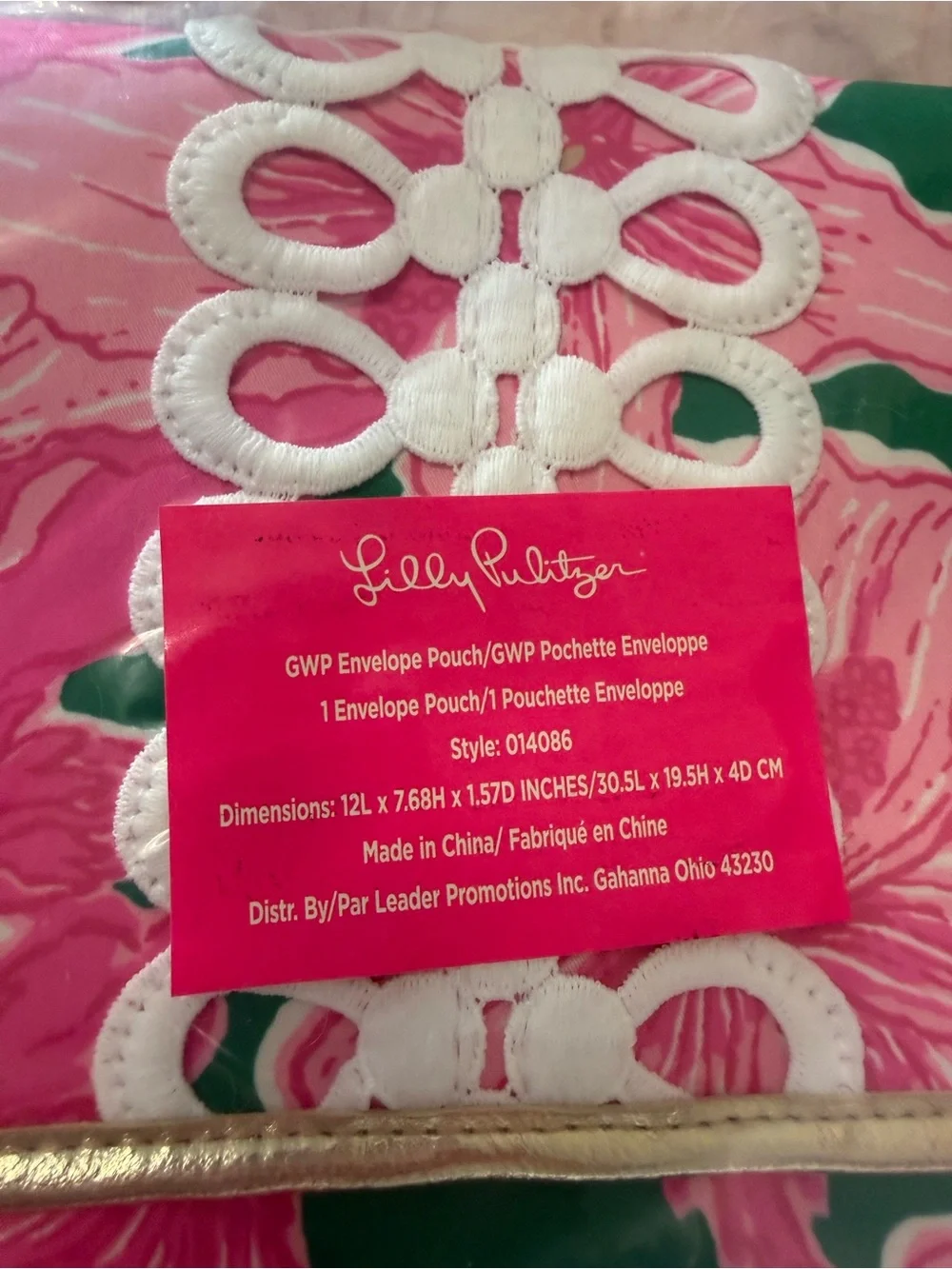 Lilly Pulitzer Envelope Pouch Clutch Kelly Green Hibis Kiss with Gold Trim